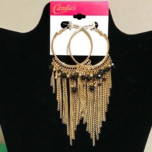 Gold Hoop w/Black Rhinestone 5 ¼” Fringe Earrings